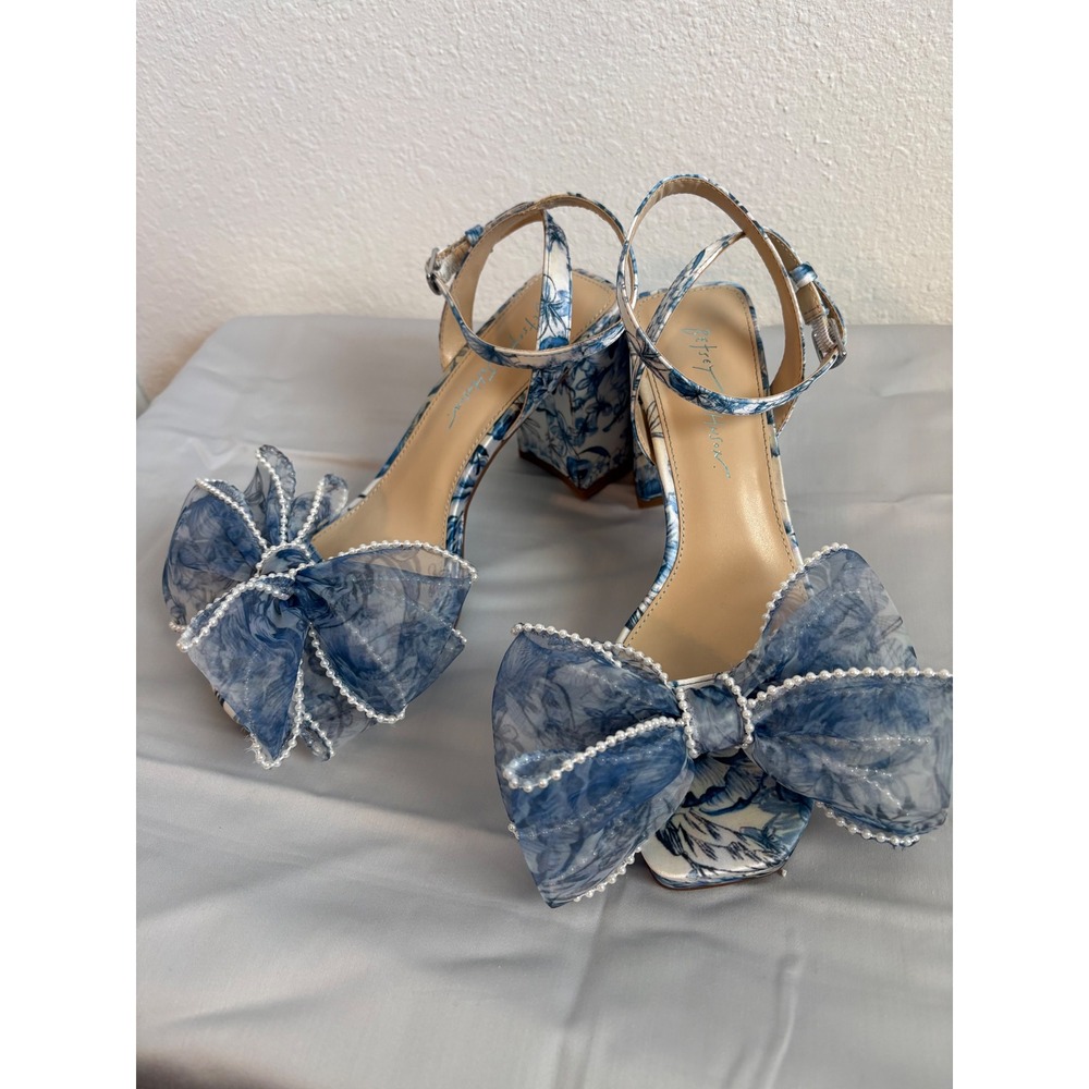 Betsey Johnson 7.5 SB-Duke platform block heels floral blue white open toe bow - Picture 7 of 12